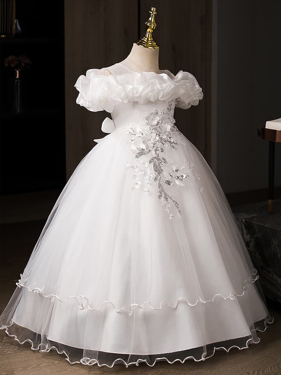 Children's Formal Dress One-Shoulder Puffy Long Tulle Princess Dress Little Girl Wedding Birthday Party Performance Gown