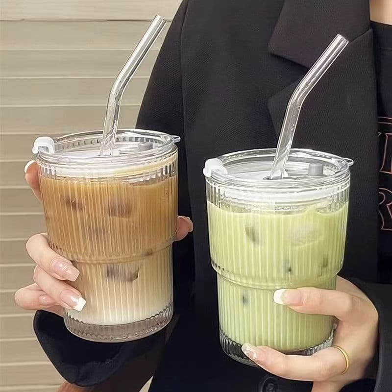 High-Quality Vertical Stripe Glass Coffee Cup, Iced Americano, Home Use with Lid and Straw, Latte Beverage Cup