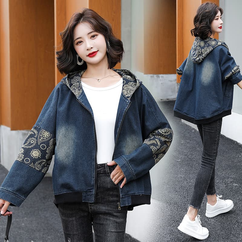 2026 Spring Autumn New Style Loose Fit Plus Size Jacket Baseball Uniform Retro Print Casual Hooded Denim Jacket for Women