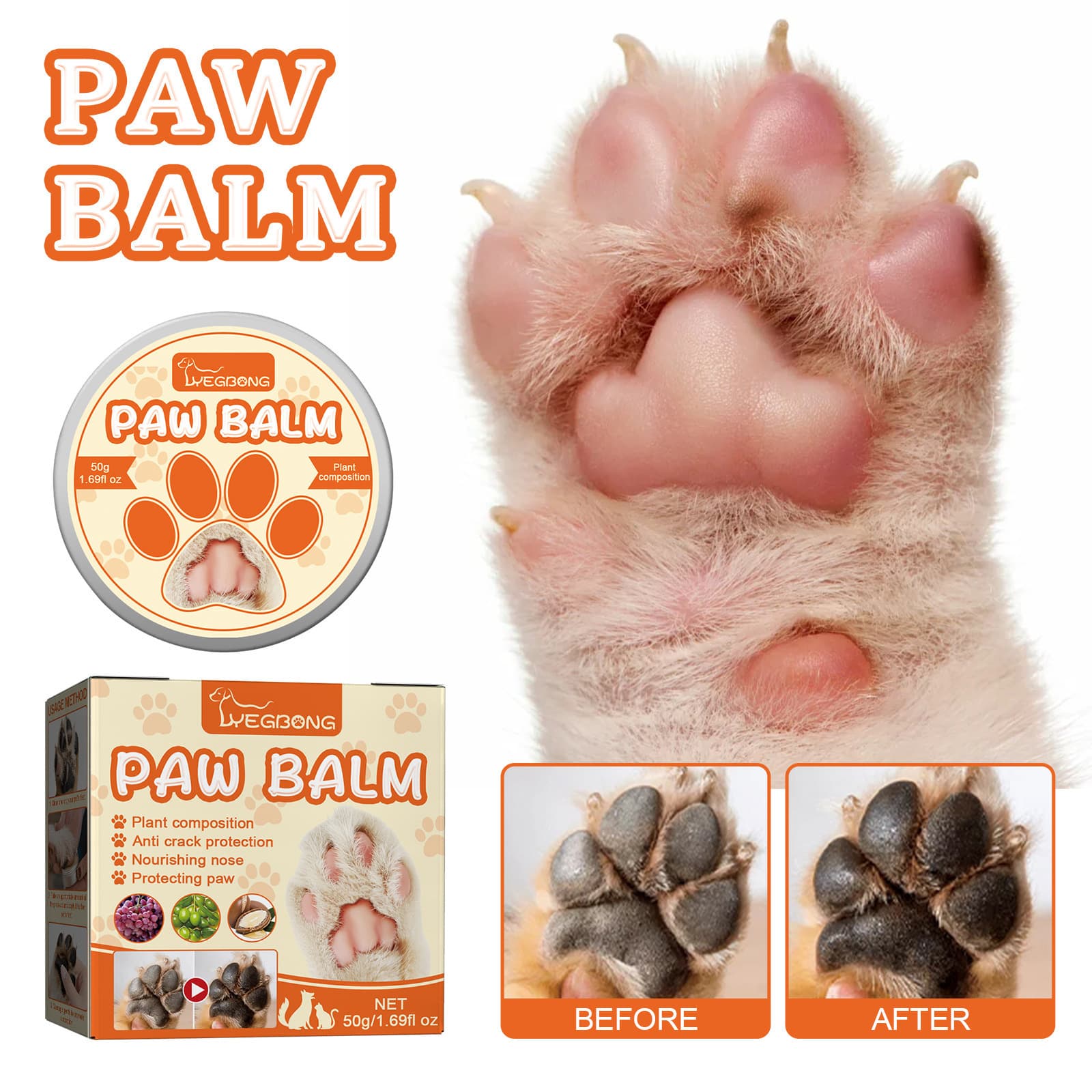 YEGBONG Pet Moisturizing Paw Balm, Dog and Cat Foot Pad Care to Prevent Cracking and Moisturize Feet