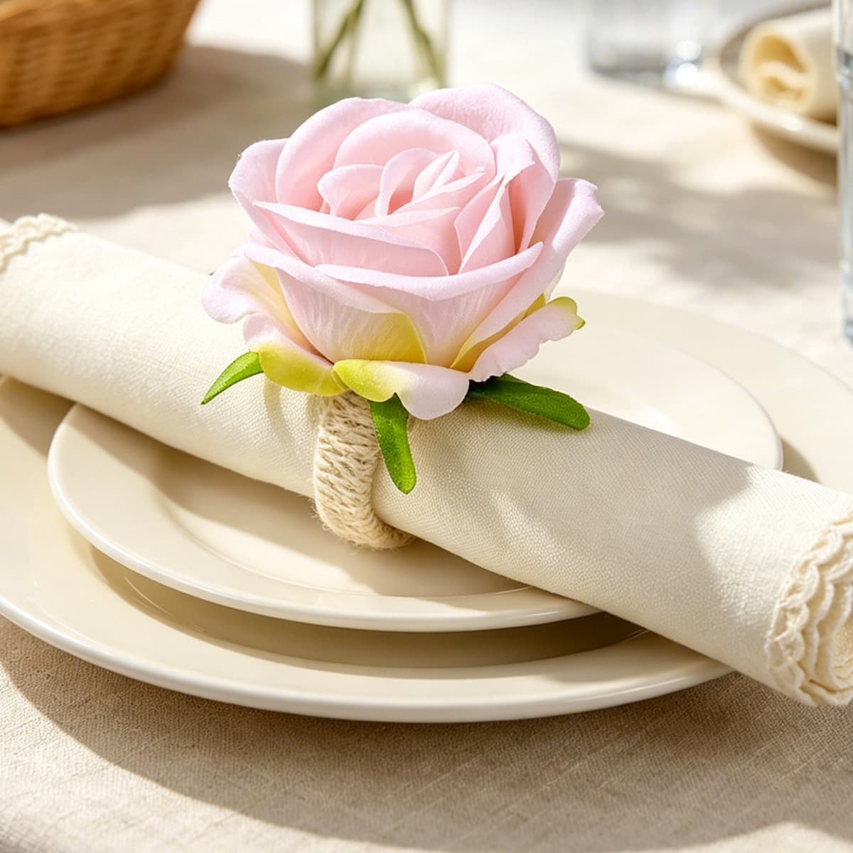 White pink rose handmade napkin ring Western-style restaurant table decoration napkin buckle pastoral style velvet rose cloth ring