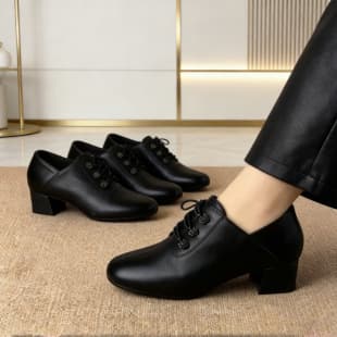 Spring and Autumn New Women's Low Heel Oxford Shoes, Comfortable Mother Shoes, Retro Work Leather Shoes, Chunky Medium Low Heel, Black Lace-up Women's Shoes