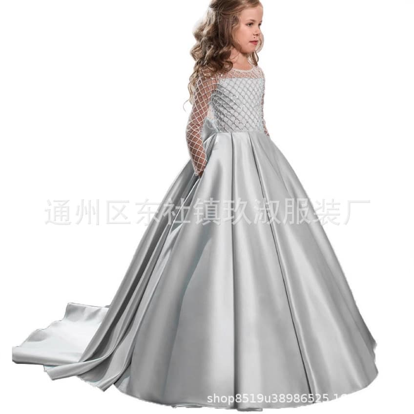 Children's Wedding Piano Performance Dress Girls Lace Satin Bow Small Train Flower Girl Princess Dress Trendy Style