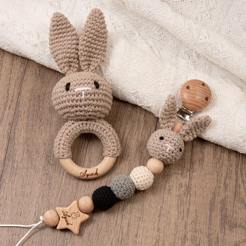 Cross-border popular cartoon animal rattle baby pacifier chain wooden furniture handmade crochet set gift foreign trade