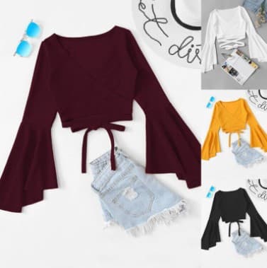 Cross-Border Hot Selling Wish Independent Station eBay Amazon Flared Sleeve V-Neck Crop Top Long Sleeve T-Shirt with Tie Top
