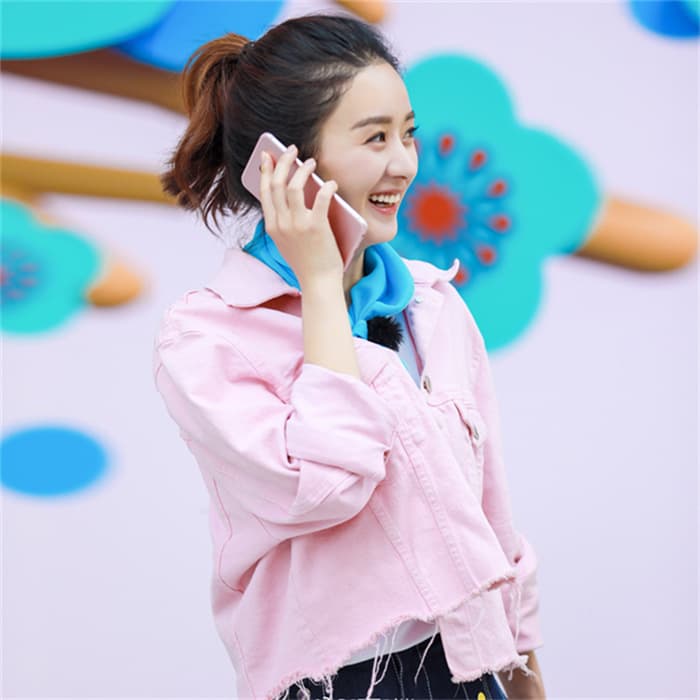 Zhao Liying Airport Same Style Slim Fit Pink Cropped Frayed Denim Jacket for Women Students 6811
