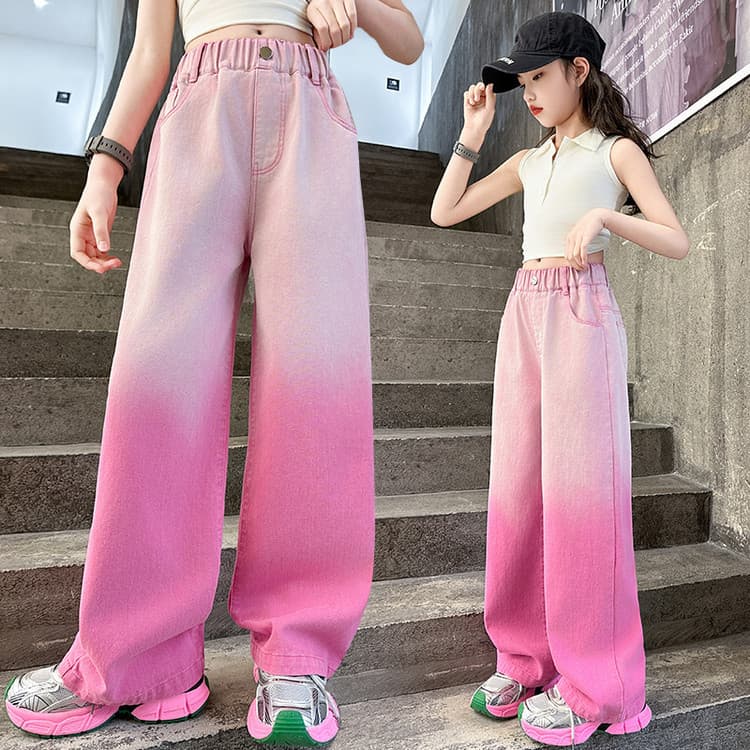 Girls Gradient Pink Jeans Spring 2026 New Trendy Wide Leg Pants for Middle and Older Children Straight Leg Pants