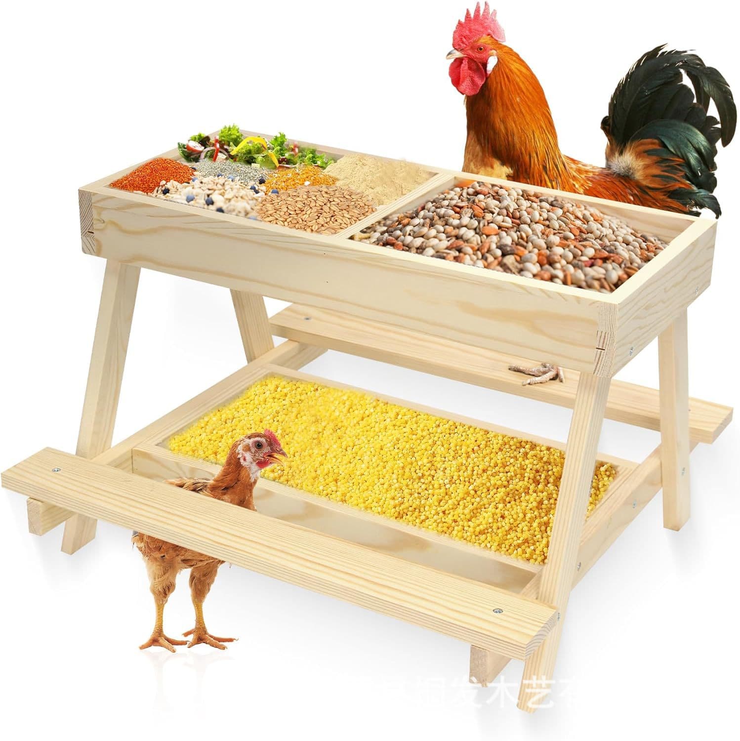 Solid Wood Chicken Coop Feeder Rectangular Quail Feeder Wooden Multi-Layer Garden Poultry Chicken Duck Goose Feeder