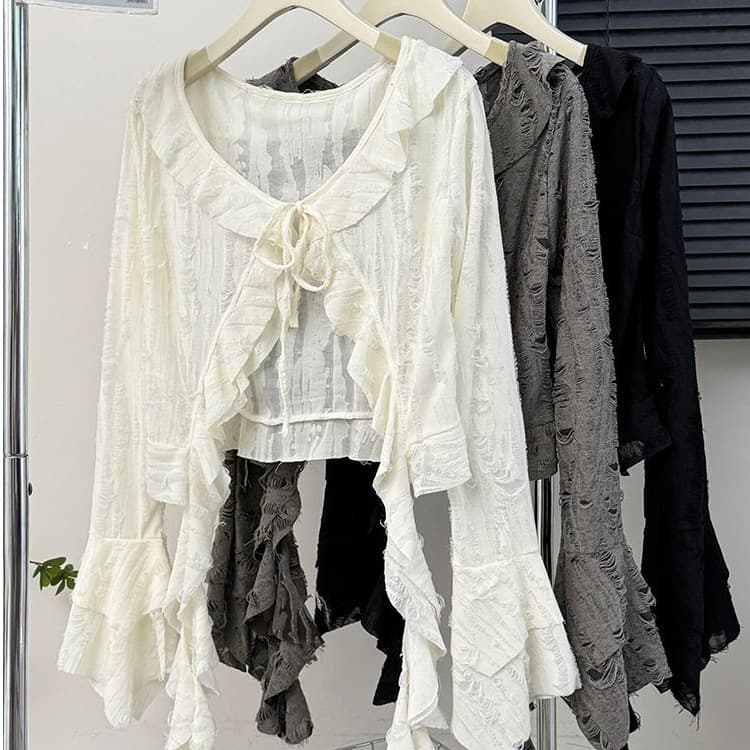 Hot girl strappy autumn shirt shawl ruffled blouse cardigan women's thin style with skirt and sun protection suspender belt