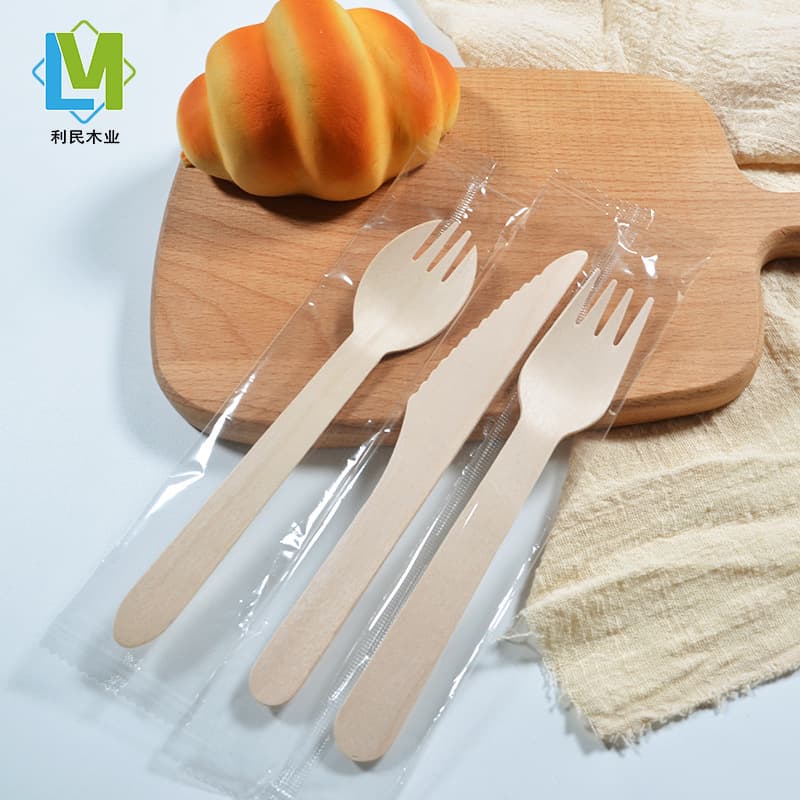 Wooden Disposable Knife Fork Spoon Set Individually Wrapped in Kraft OPP Bags for Tasting, Dessert, Custom Logo Available