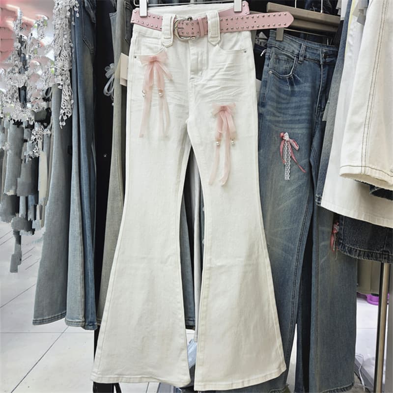 Designer Bow Lace Patch Flared Denim Jeans Women 2026 Spring-Summer Lifting Slim Bell-Bottom Pants