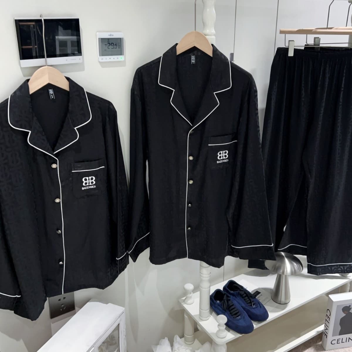 Luxury Black Ice Silk Pajama Set for Couples, Women's Brand Embroidery Jacquard Long Sleeve Long Pants Loungewear, Men's Wearable Out