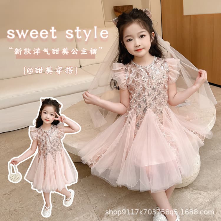 Girls Summer Dress 2026 Premium Mermaid Sequin Princess Dress Fish Tail Gown Performance Costume