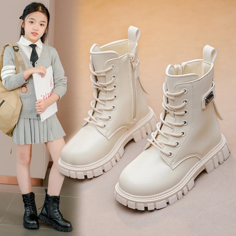 Children's Martin Boots Girls Short Boots Autumn Winter 2026 New British Style Single Boots Mid-Large Kids Fleece-Lined Leather Boots