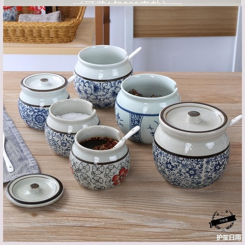 Vintage Japanese Style Condiment Jar Set for Breakfast Shop, Ceramic Chinese Antique Seasoning Salt Jar Set, Lard Jar