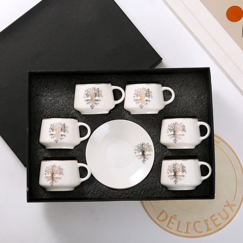 European-style Gold-rimmed Coffee Cup and Saucer Set Creative 6 Cups 6 Saucers Bone China Simple Ceramic Coffee Cup Business Gift