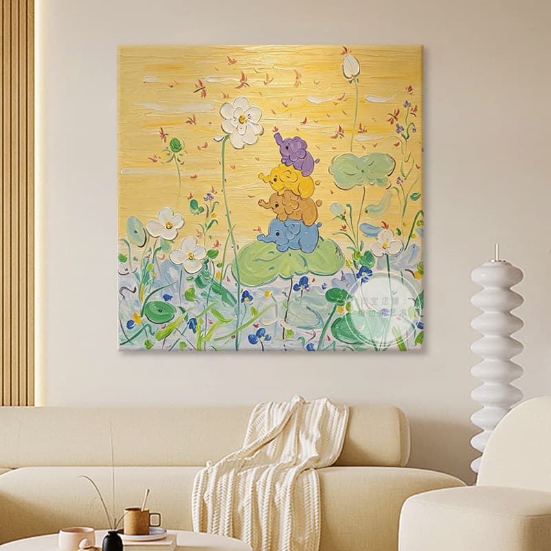 Cute Little Elephant Hand-Painted Oil Painting by Fu Yibing Living Room Decorative Painting Bedroom Living Room Corridor Entryway Textured Hanging Art