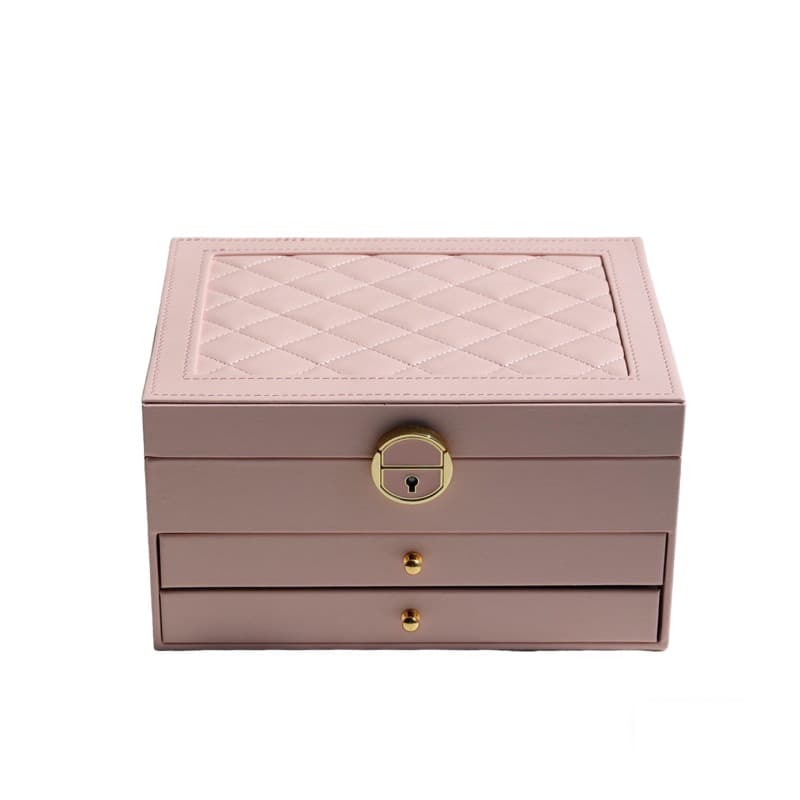 In Stock Diamond Pattern Three-Layer Drawer Jewelry Box with Lock, Necklace Ring Bracelet Organizer, Large Capacity for Cross-Border
