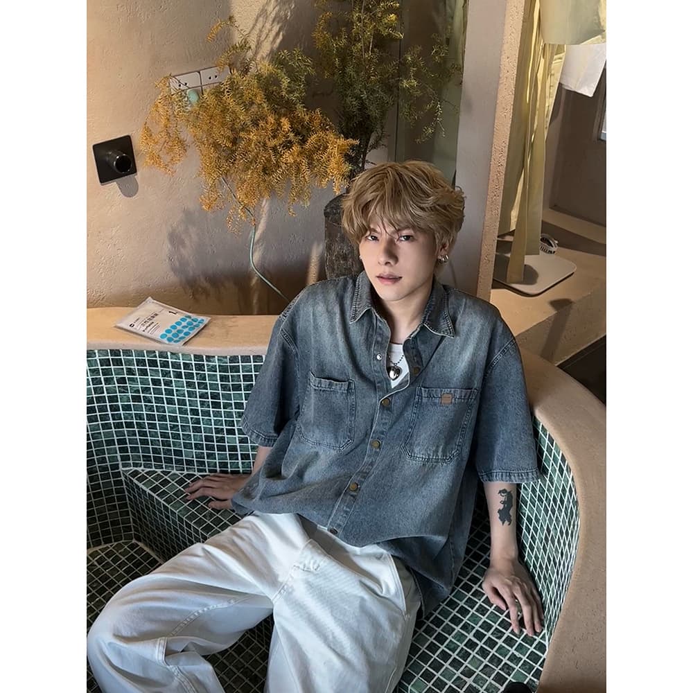 American Style Trendy Brand Niche Vintage Washed Denim Short-Sleeve Shirt Men's Summer New Japanese Loose Casual Top