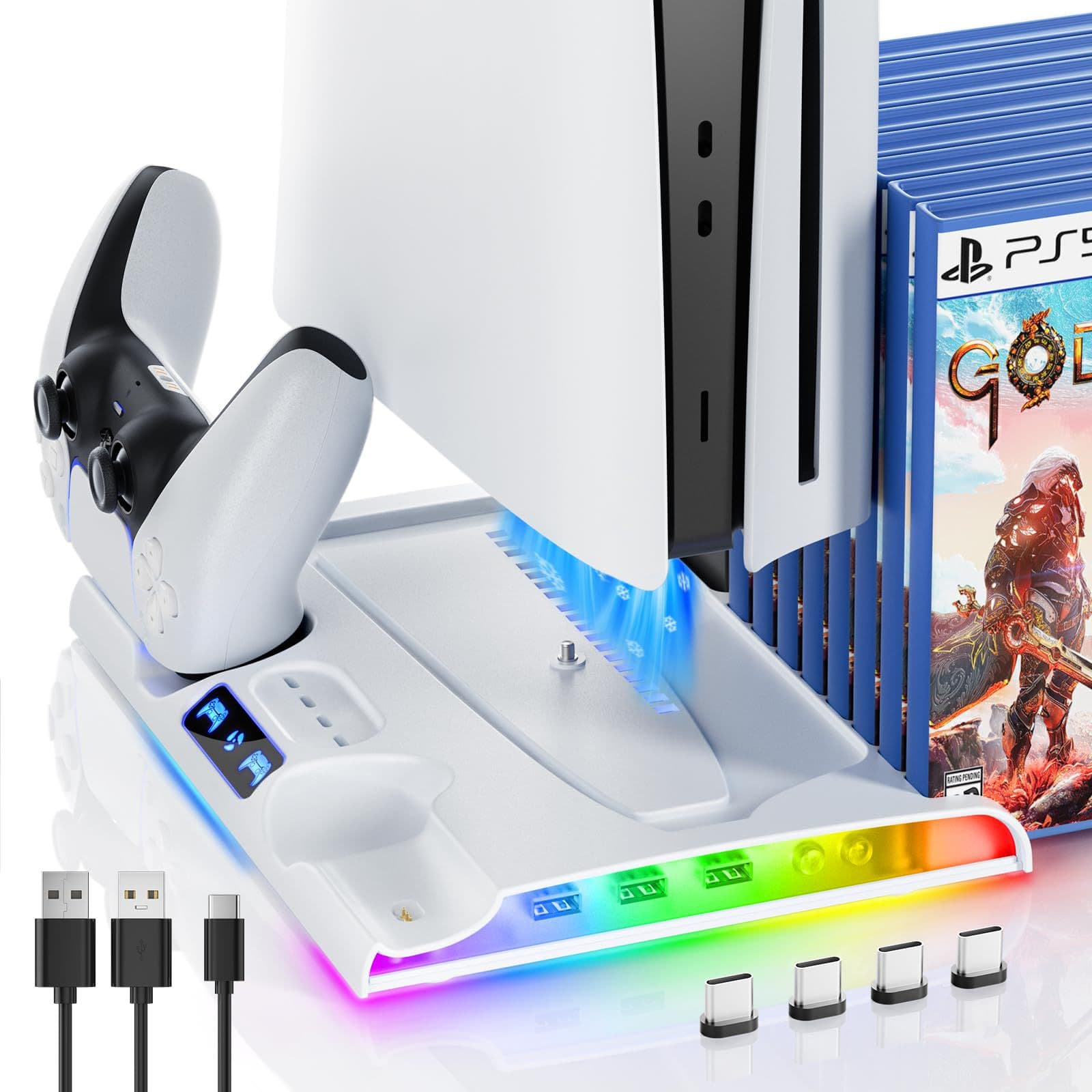 PS5 Slim Cooling Stand with Dual Controller Charging Station, Mobile Hard Drive/Remote Control/Disc Storage