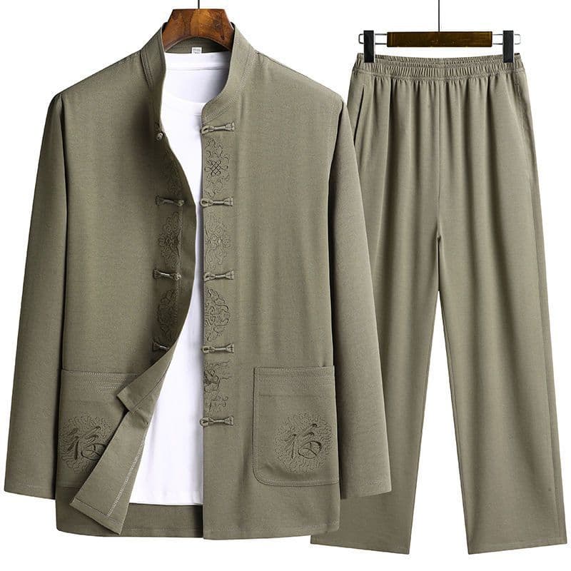 Tang Suit Men Chinese Style Grandpa Long Sleeve Cotton Linen Set Middle-Aged and Elderly Dad Spring Summer Hanfu Men's Chinese Elderly Clothing