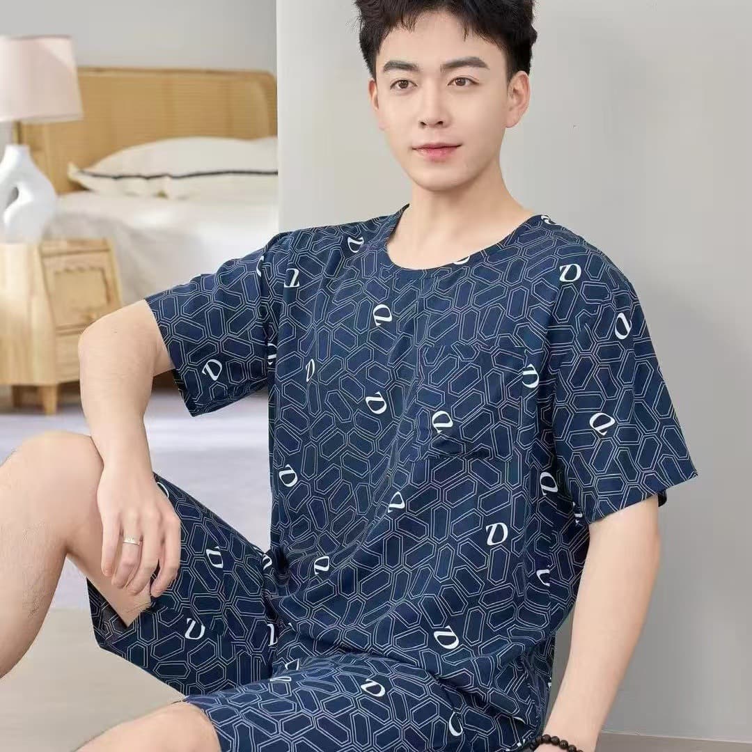 Men's Cotton Silk Summer Sleepwear, Thin Short Sleeve Casual Set, Loose Fit for Teens and High School Students