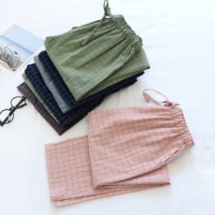 Washed Cotton Men's and Women's Homewear Spring/Summer Sleep Pants, Pure Cotton Couple Long Pants, Thin Japanese Plaid Home Pants