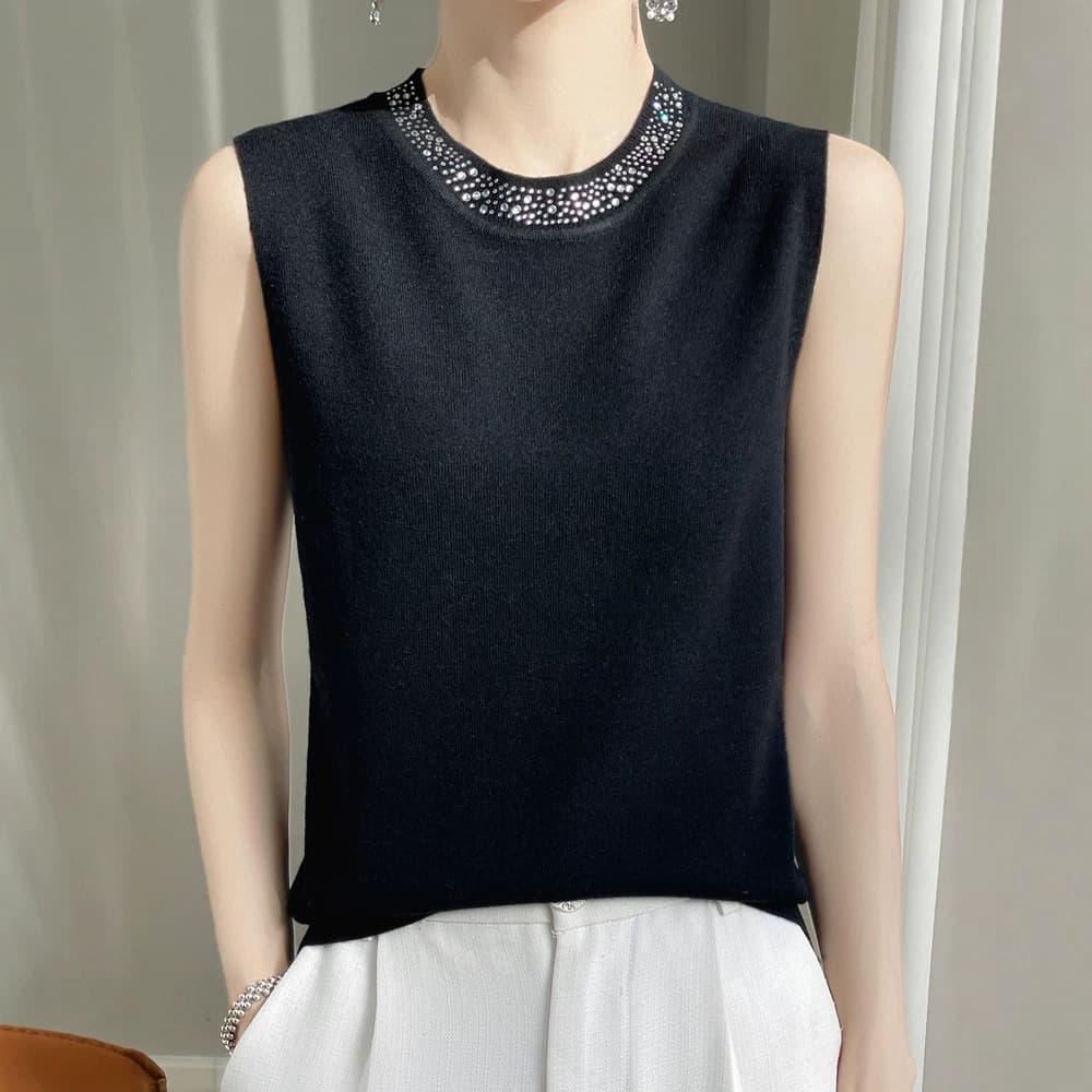 Cross-border wholesale spring, autumn and summer round neck hot diamond sleeveless vest pullover women's sweater tops plus size women's shirt