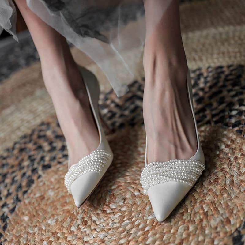 White Main Wedding Dress Autumn Beaded Pointed Toe High Heels Women's Thin Heel Single Shoes Low-Cut Elegant Bride Wedding Shoes