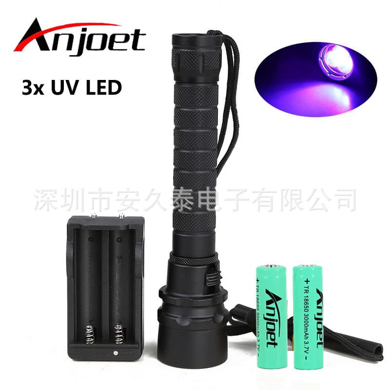 LED 3-Light High-Power UV Purple Curing Lamp for Green Oil, Fluorescent Agent Detection Light, Diving Flashlight with 18650 Battery