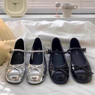 Silver Bow Ballet Flats Women 2025 Autumn New French Flat Mary Jane Retro Leather Shoes