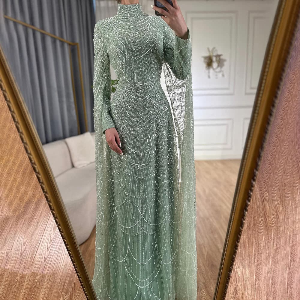 Long-sleeved handmade beaded sequin mermaid evening dress for overseas warehouse, annual party, art exam solo performance dress