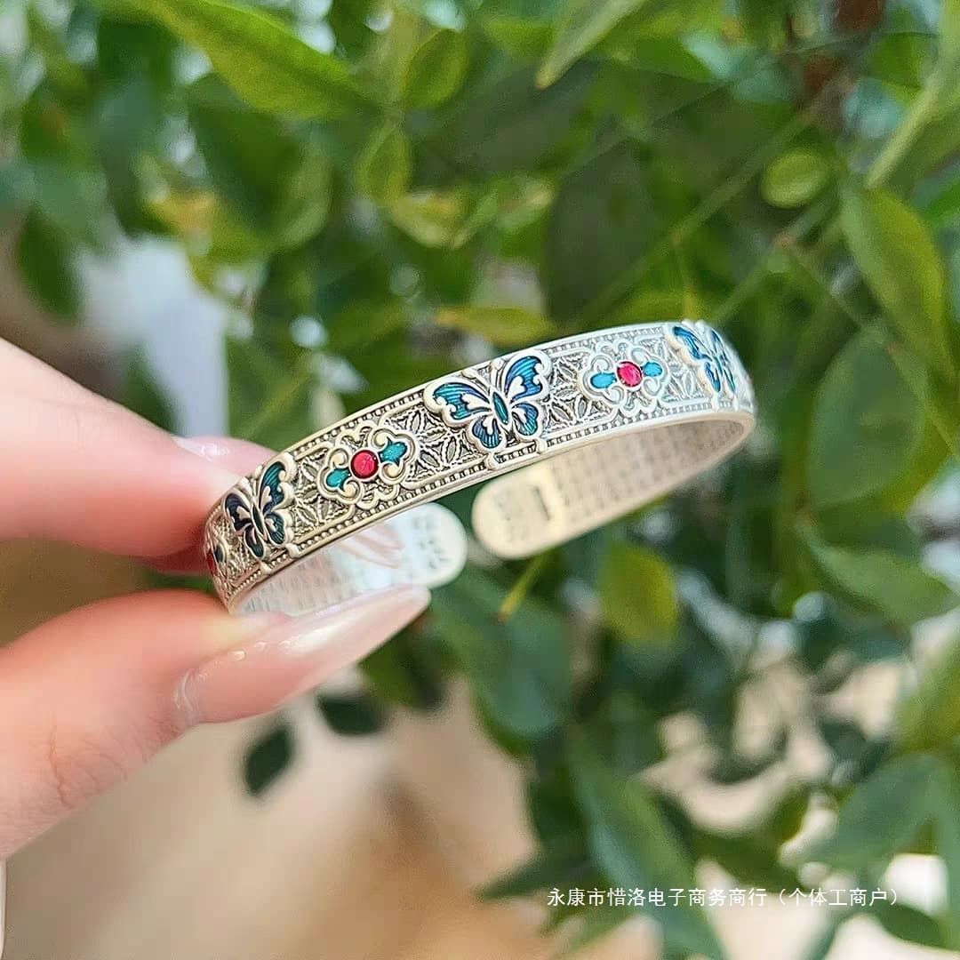 2025 New Enamel Silver Bangle for Women, Solid Style, Youthful Design, Chinese Style, Perfect Gift for Girlfriend (by Xiluo)