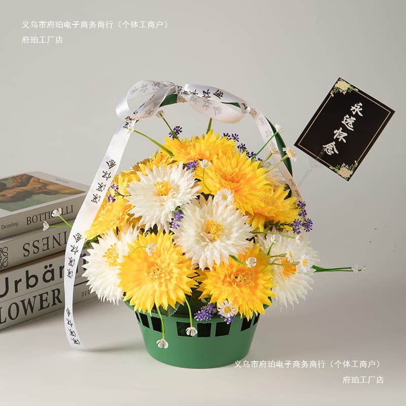 Qingming flower baskets with 18 chrysanthemums for tomb sweeping, flat chrysanthemum combination baskets