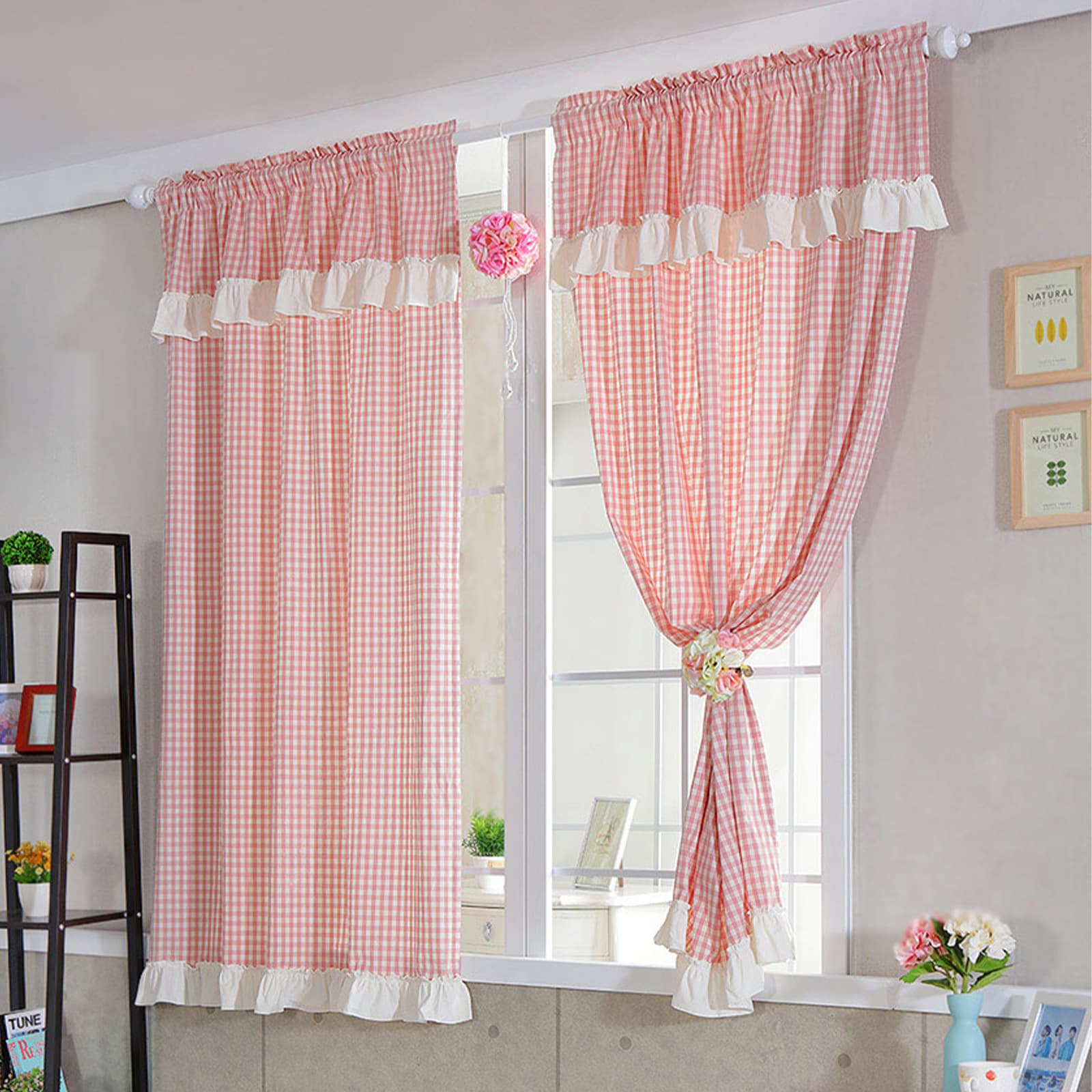 Korean Style Fresh Grid Curtain Short Curtain Korean Original Ruffle Decorative Curtain Kitchen Curtain Amazon In Stock
