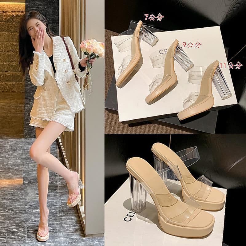 2026 New Model Transparent Crystal Heel Sandals for Women, Waterproof Platform Thick-Soled Slip-Ons, Versatile High-Heeled Slippers for Outdoor Wear