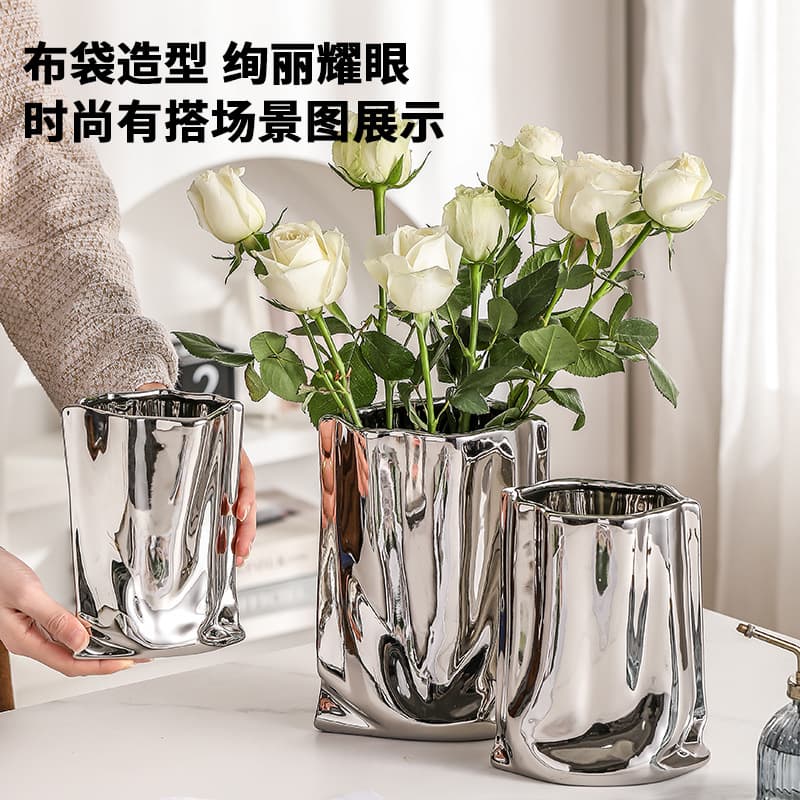 Luxury Decorative Vase, Simple Modern Ceramic Pleated Electroplated Vase for Hydroponic Fresh or Dried Flowers, Living Room Floral Arrangement