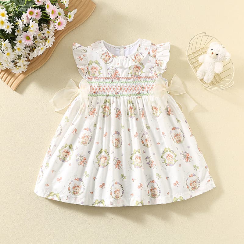 Korean-style Summer Baby Girl Printed Dress, Adorable Shirred Children's Dress, Thin Cotton Fabric, Princess Dress for Toddlers and Young Girls