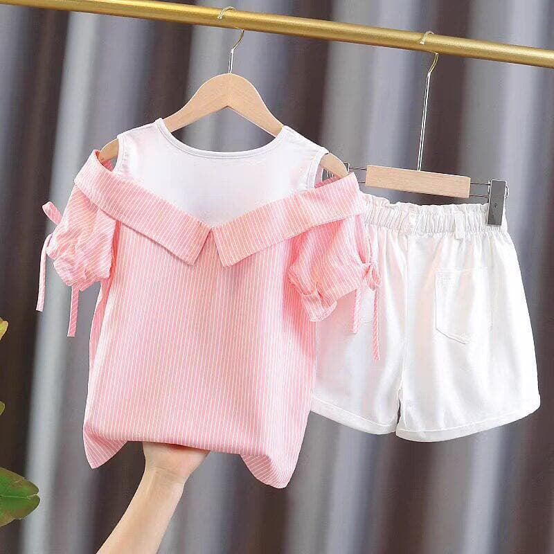 Cross-Border Girls Short Sleeve T-Shirt 2026 Summer New Style Medium Big Girls Fashionable Striped T-Shirt Off-Shoulder Top