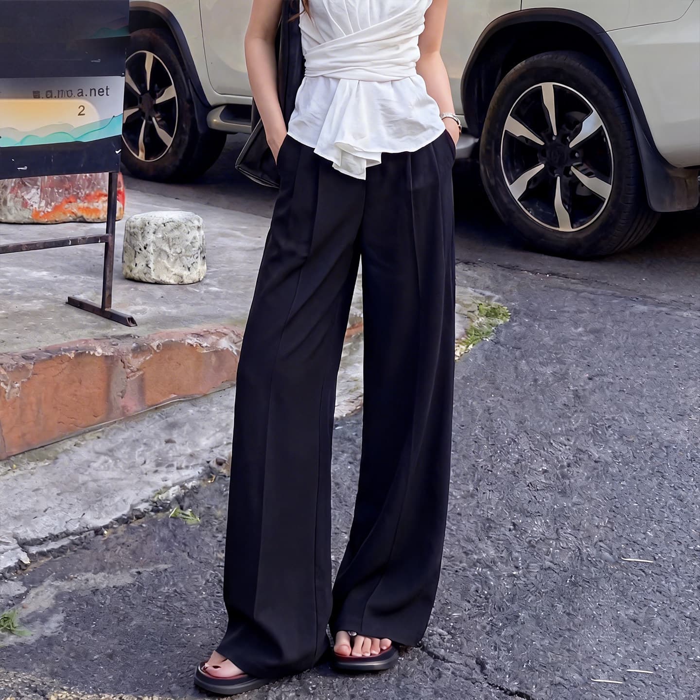 Black Linen Suit Pants for Women Summer Thin Premium Drape Straight High-Waist Extra Long Cotton-Linen Wide-Leg Pants