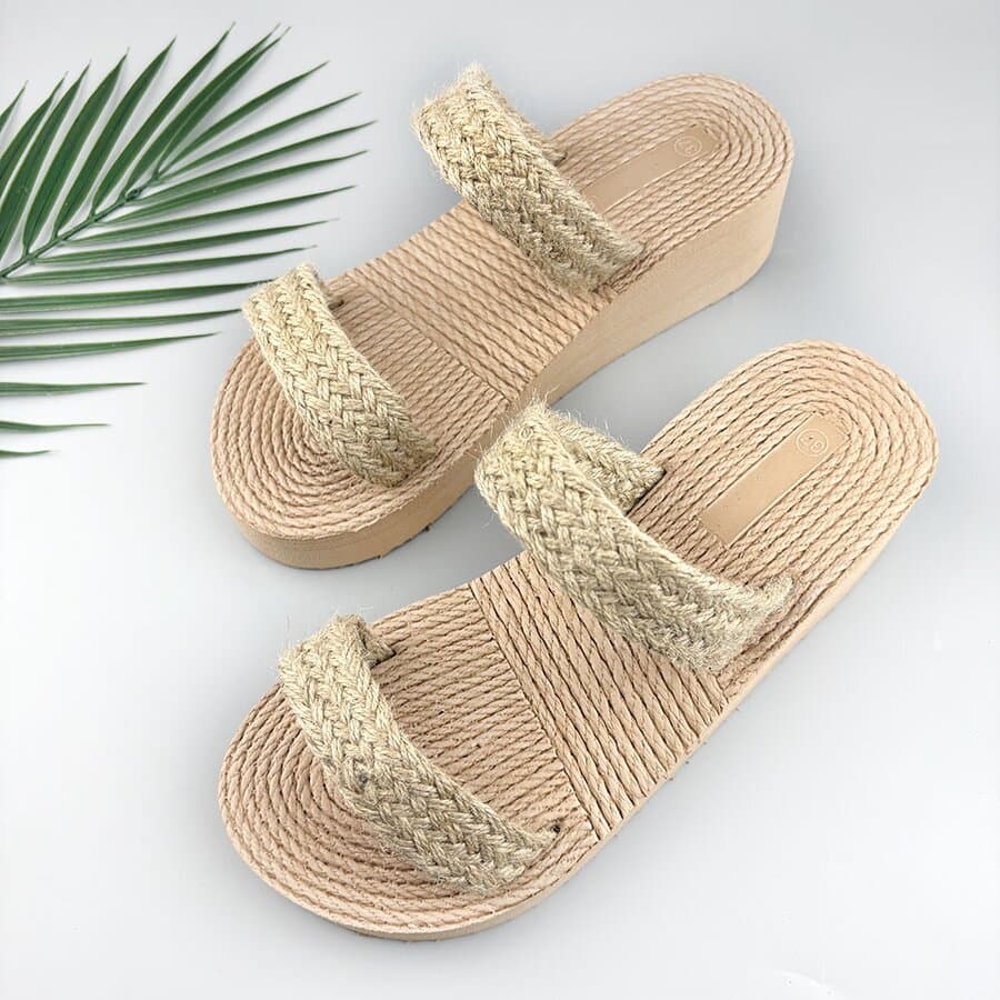 Women's Summer Woven Straw Sandals, Fashionable Hemp Rope Flip-Flops, Wedge Heel, Non-Slip Beach Slippers, Simple Style