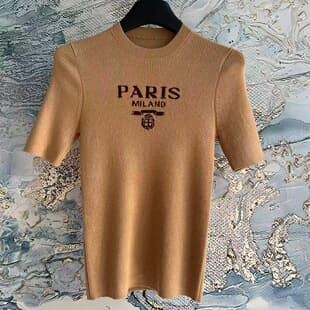 2025 Summer Logo Letter Embroidery Casual Half-Sleeve Knit Top, White Tower Ins Slim-Fit T-Shirt for Women