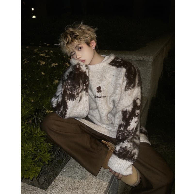 American Retro Round Neck Sweater Men's Autumn Winter Trendy Color Block Lazy Style Knitted High Sensation Teenage Jacket