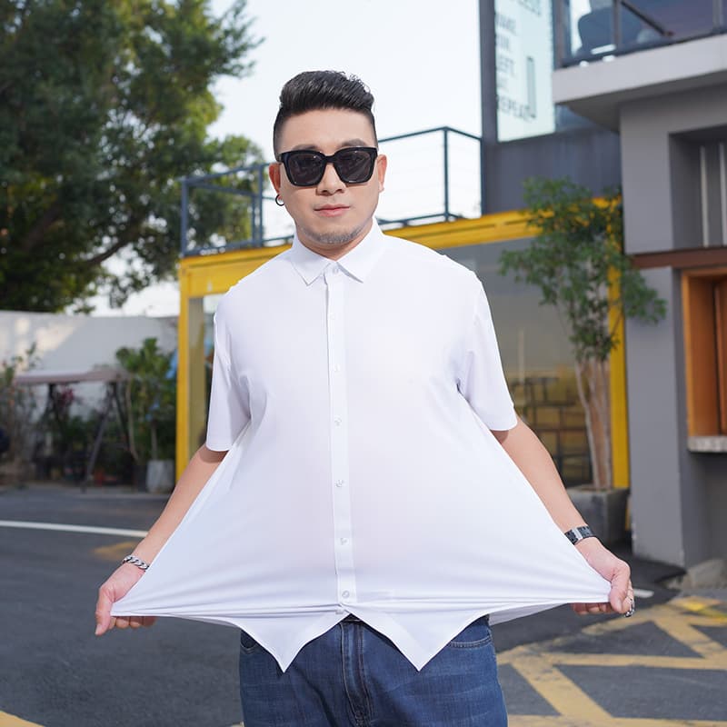 European and American Cross-border Summer Plus Size Men's Short-sleeved Shirt High-elastic Ice Silk Solid Color Pullover Plus Size Fat Shirt