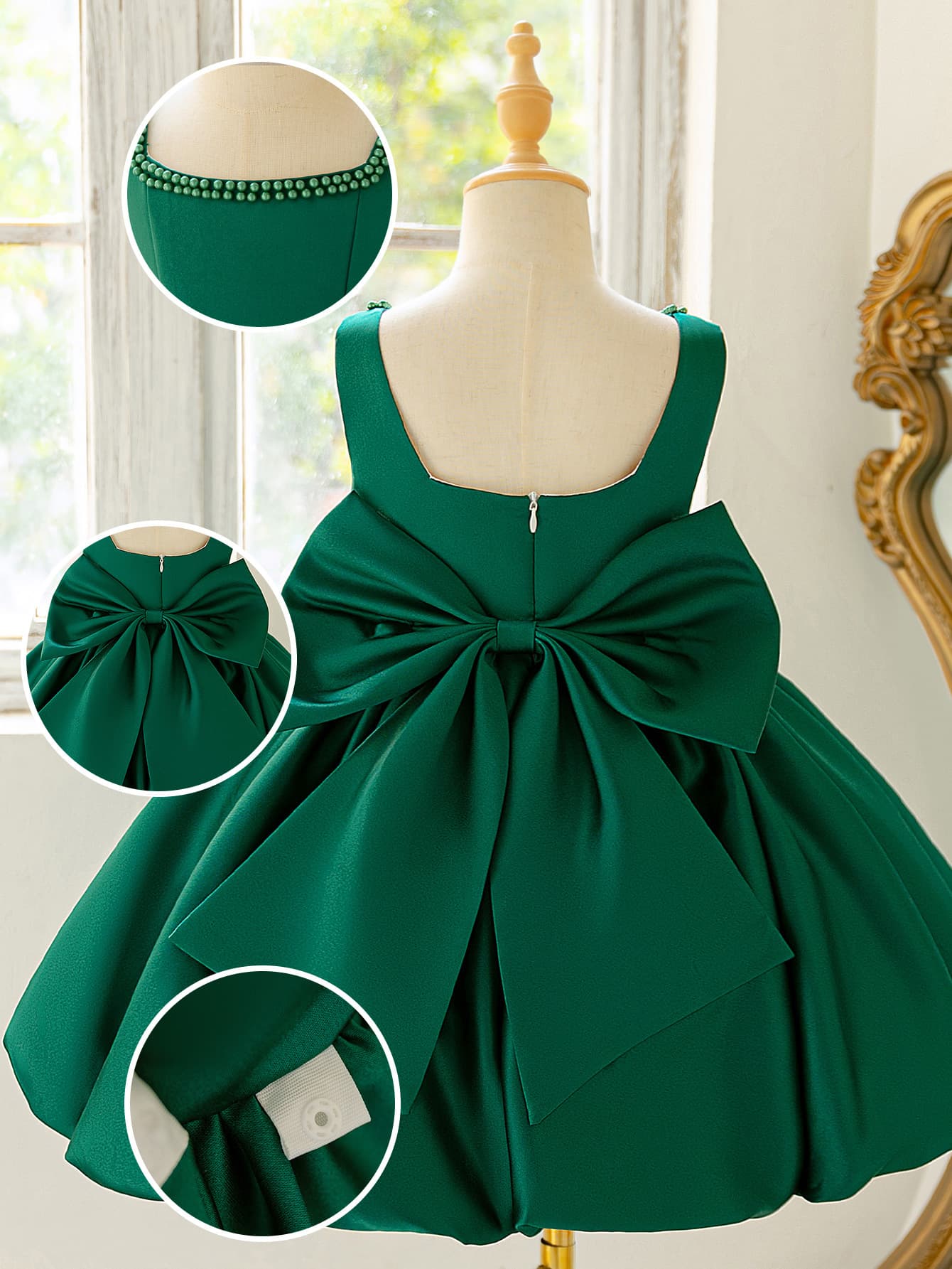 New European and American Style Girls' Satin Bubble Hem Short Dress with Beaded Large Bow Square Neckline Banquet Gown