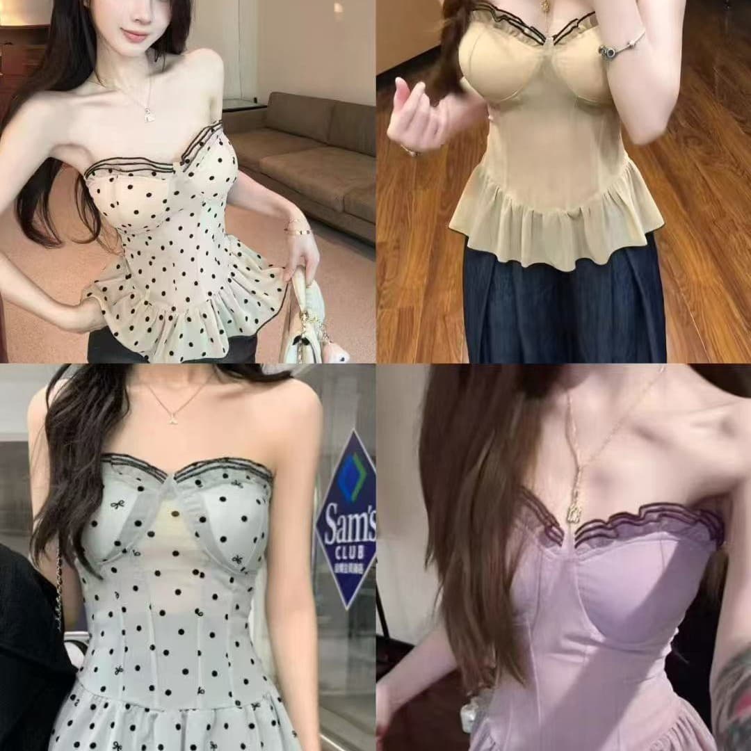 66049# Giant Beauty Polka Dot Ruffle Camisole Top for Women, Hot Girl Off-Shoulder Tube Top, Stunning