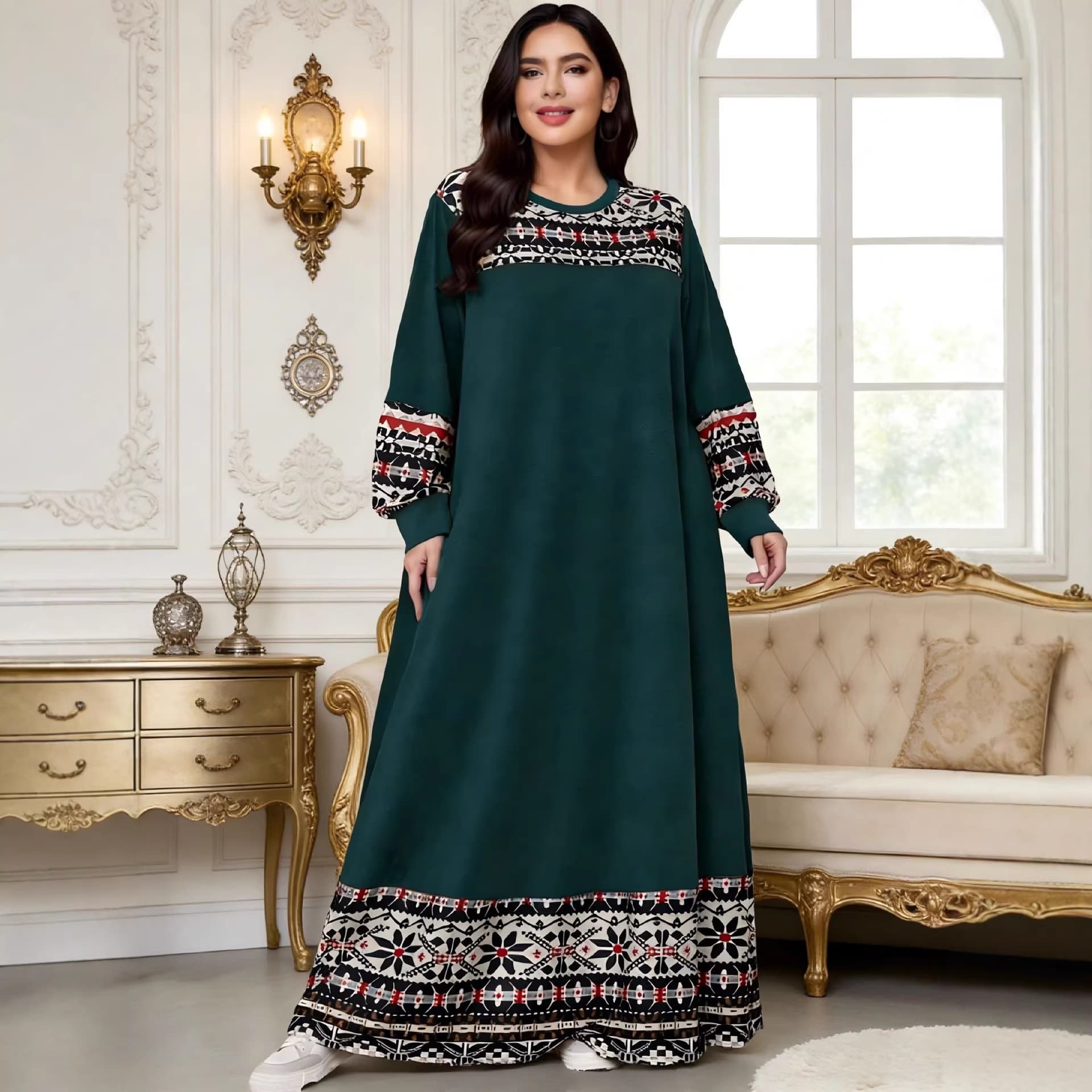 Cross-border extra large size women's clothing new printing casual Abaya loose large size