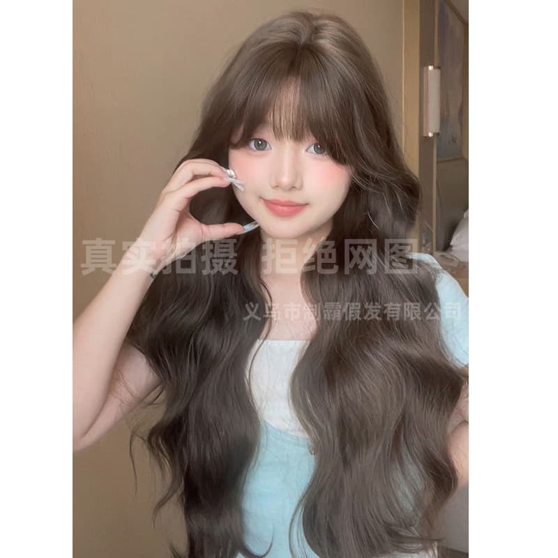 Dominant wig for women with long hair, fashionable temperament, large wavy curly hair, realistic natural air bangs and curly hair full headgear