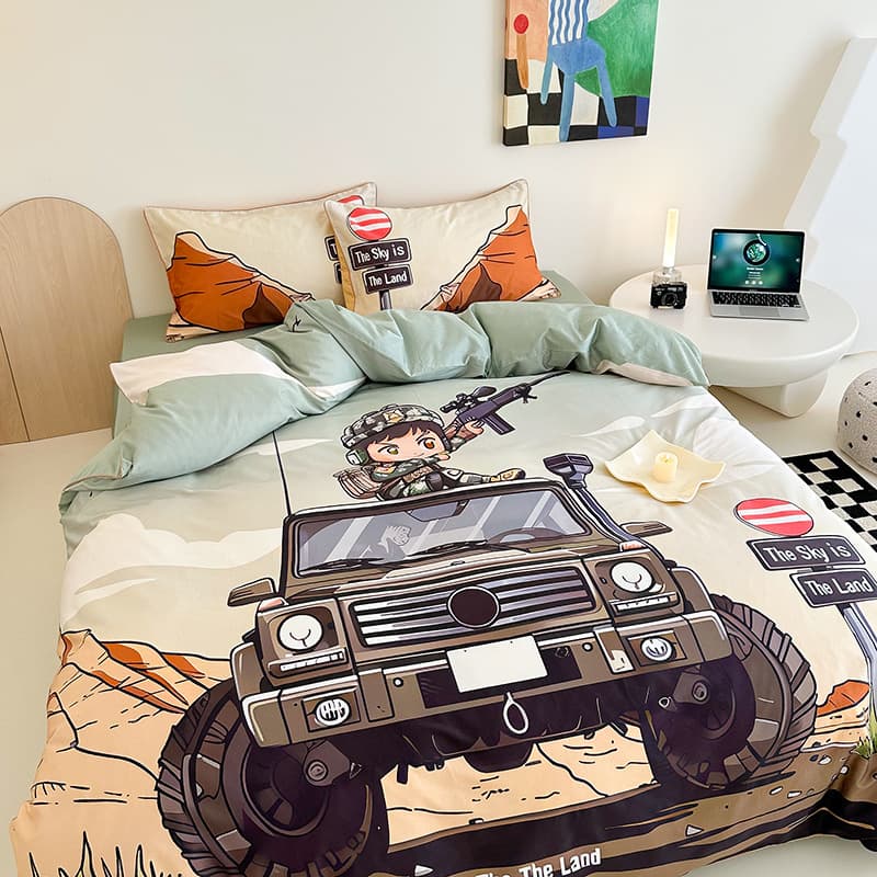 100s Xinjiang Long-Staple Cotton Pure Cotton 4-Piece Bedding Set Sheet Duvet Cover Pillowcase Set for Boys Teens Cars