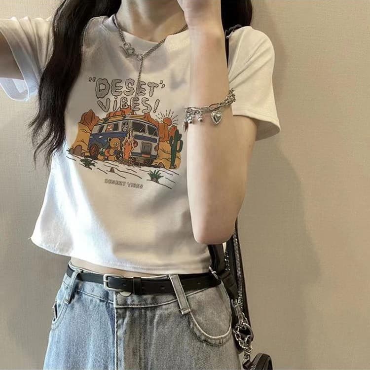 Short Sleeve T-Shirt for Women, BM Style Summer Crop Top, Smfk Sexy Fitted Tee, Belly Button Revealing Undershirt